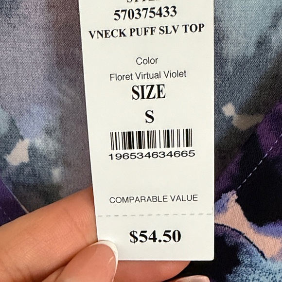NWT WHBM Outlet V-Neck Puff Sleeve Top Floral Violet Size S - Picture 7 of 7